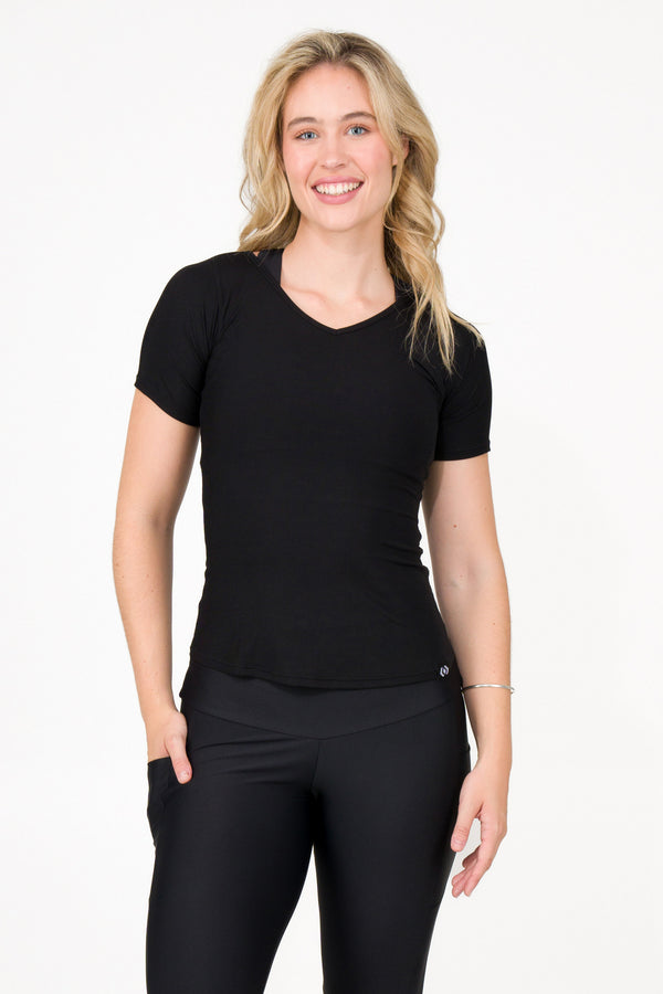 Black Rib Knit - Fitted V Neck Tee