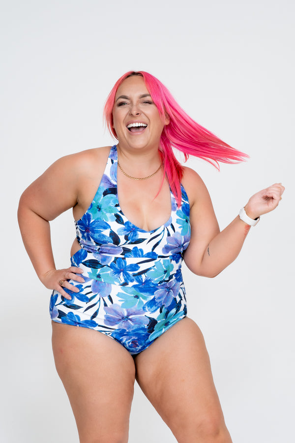 Late Bloomer Blue Performance - Deep V One Piece W/ Extra Coverage Bottoms