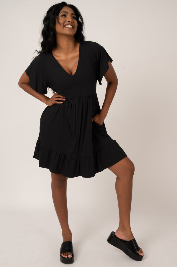 Black Slinky To Touch - Baby Doll V Neck Tiered Mini Dress