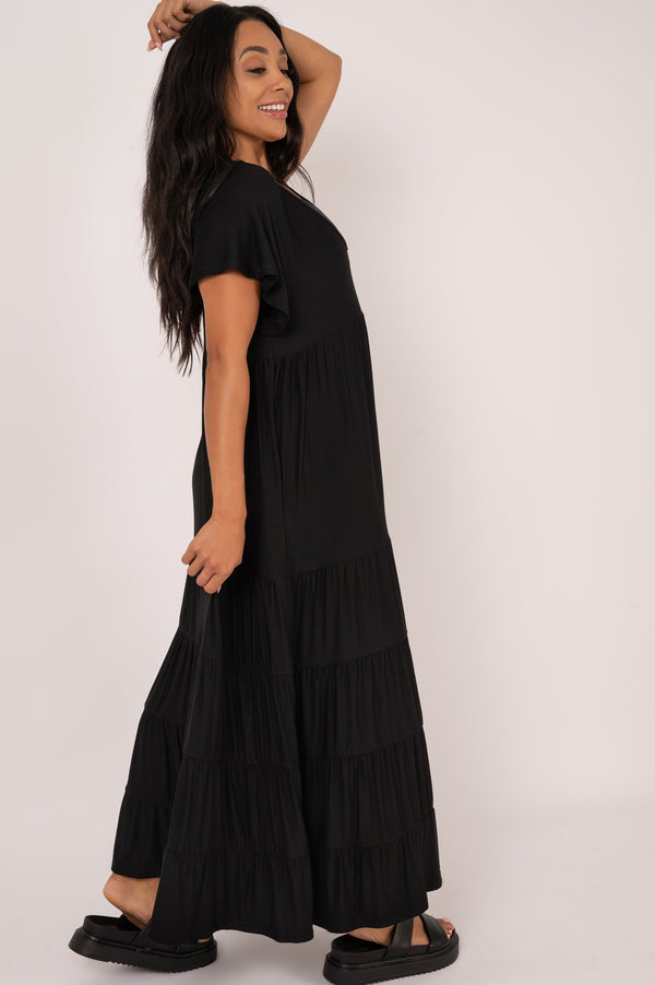 Black Slinky To Touch - Baby Doll Tiered V Neck Maxi Dress