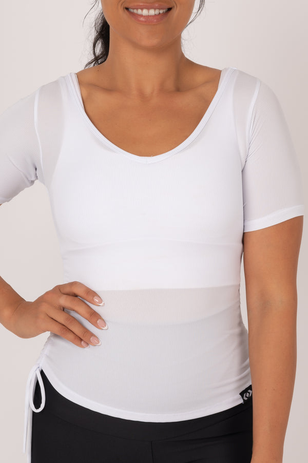 White Rib Knit - Cinched Side Fitted V Neck Tee