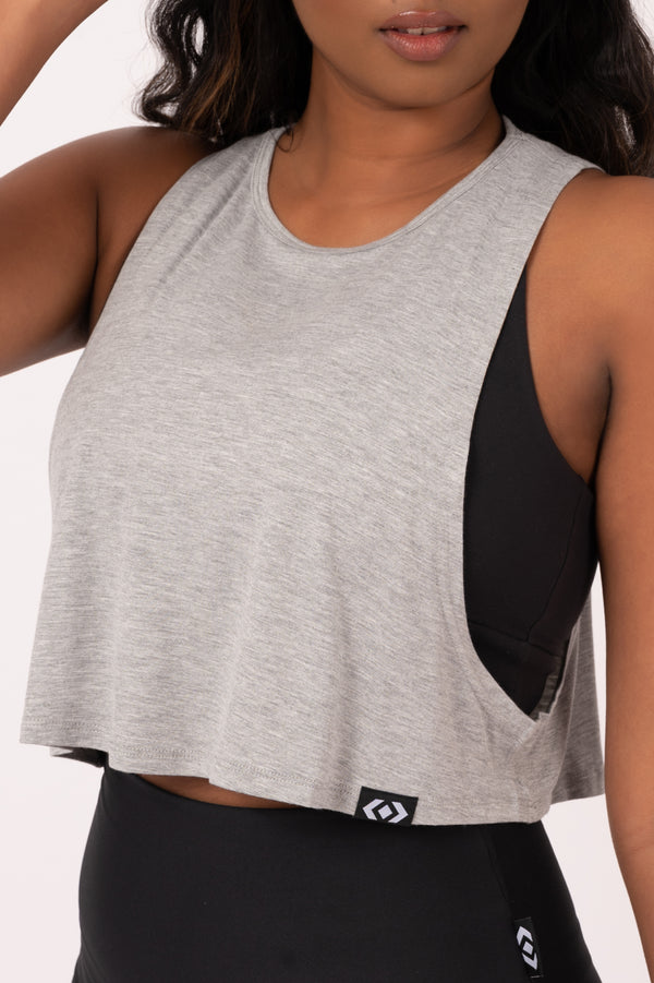 Heather Grey Slinky To Touch - Cropped Drop Arm Muscle Tank - Exoticathletica