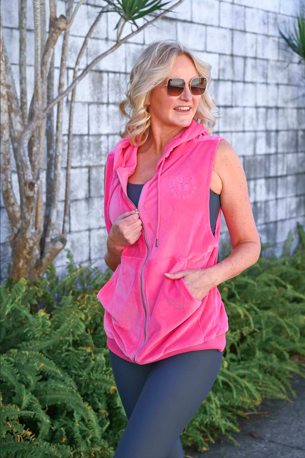 Pink Velour - Oversized Zip Up Hoodie Vest W/ Pockets
