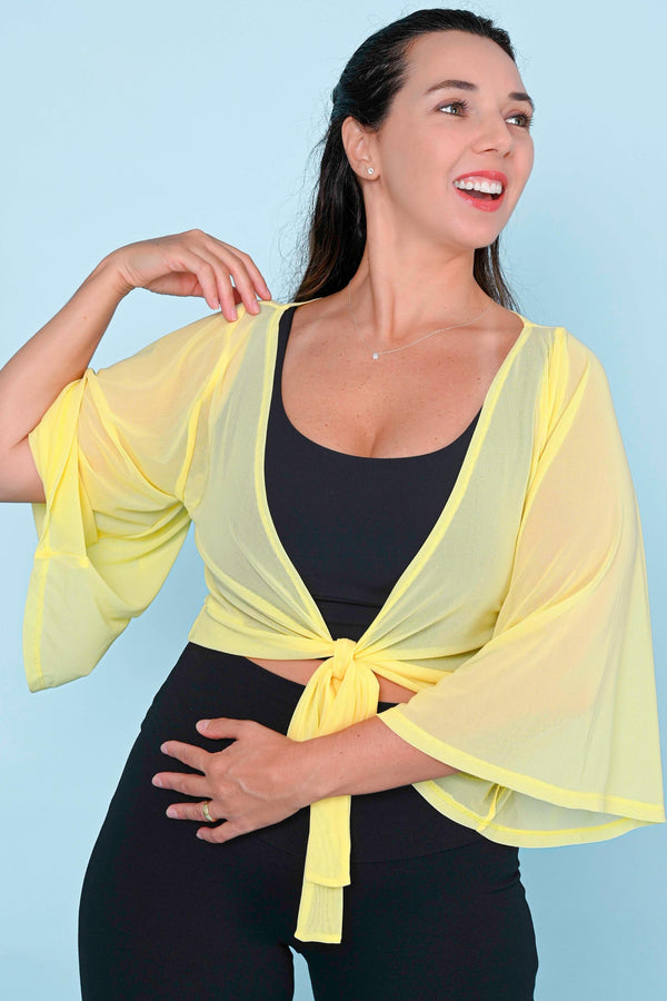 Pale Yellow Net - Reversible Wrap Blouse W/ Long Bell Sleeves