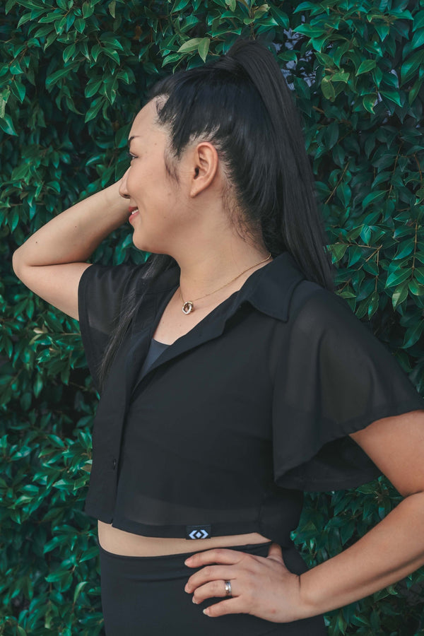 Black Net - Cropped Button Up Blouse