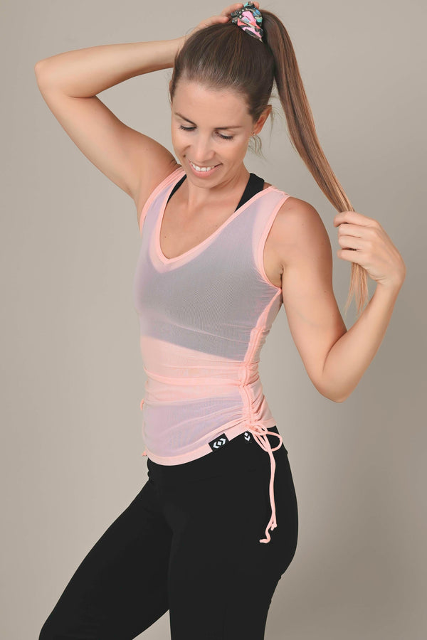 Peachy Pink Net - Cinched Side Fitted V Neck Tank
