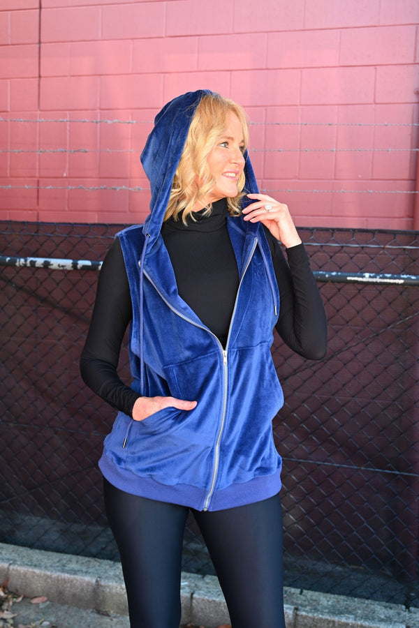 Electric Blue Velour - Oversized Zip Up Hoodie Vest W/ Pockets