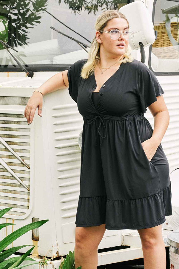 Black Slinky Silky - Button Up Drawstring Mini Dress