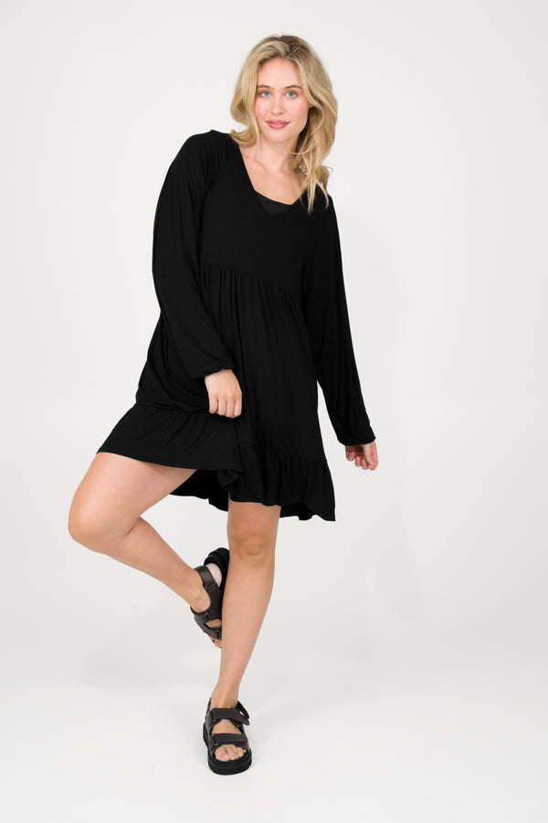 Black Slinky To Touch - Baby Doll Tiered V Neck Mini Dress W/ Elasticated Sleeve