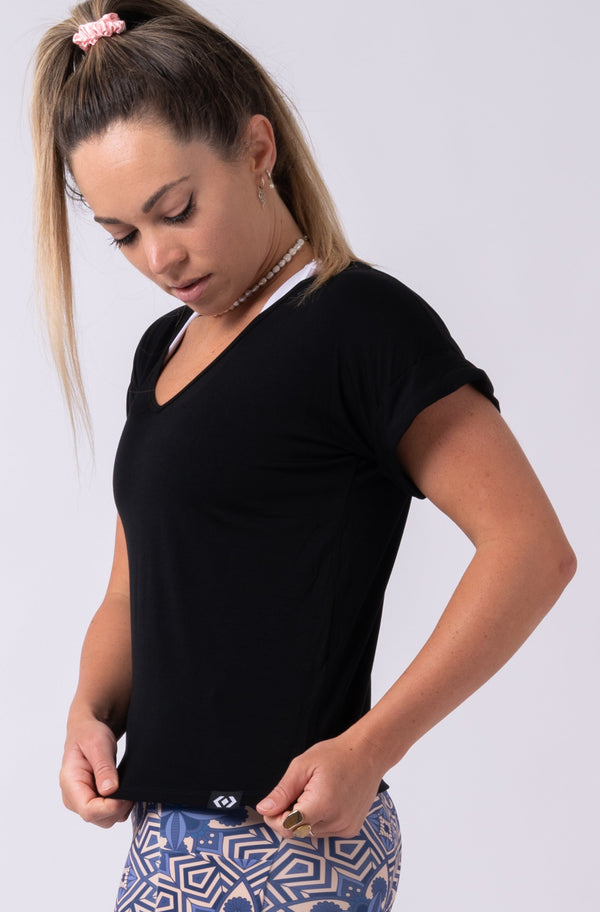 Black Slinky To Touch - V Neck Cuffed Sleeve Tee