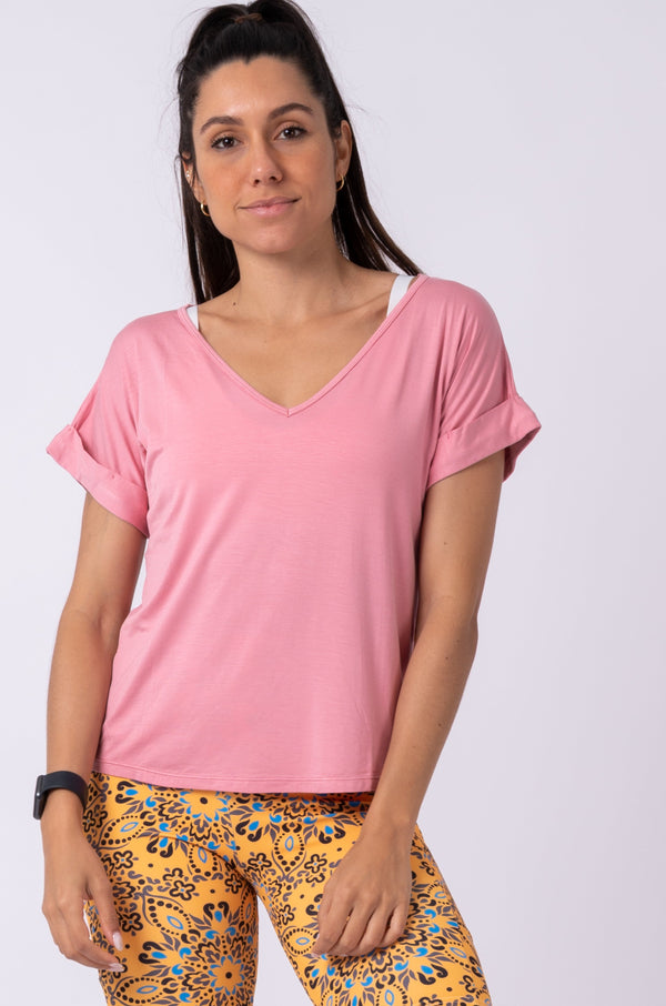 Blush Pink Slinky to Touch - V Neck Cuffed Sleeve Tee
