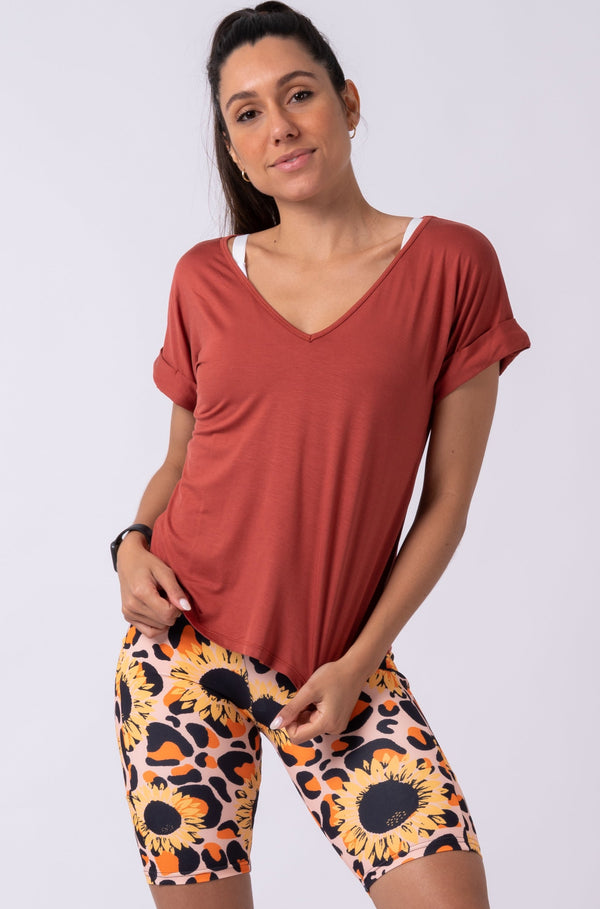 Burnt Copper Slinky To Touch - V Neck Cuffed Sleeve Tee