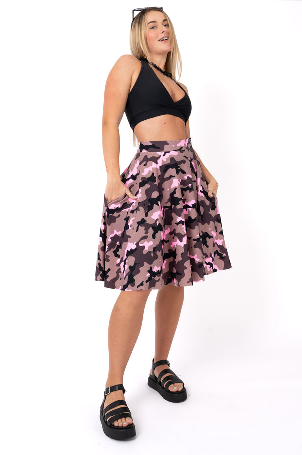 Camo Crush Pink Silky - Narrow Waisted Midi Skater Skirt W/ Pockets