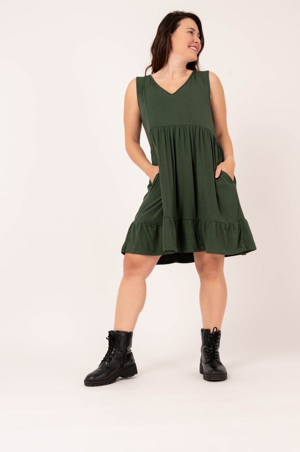 Dark Emerald Slinky To Touch - Sleeveless Baby Doll Tiered V Neck Mini Dress