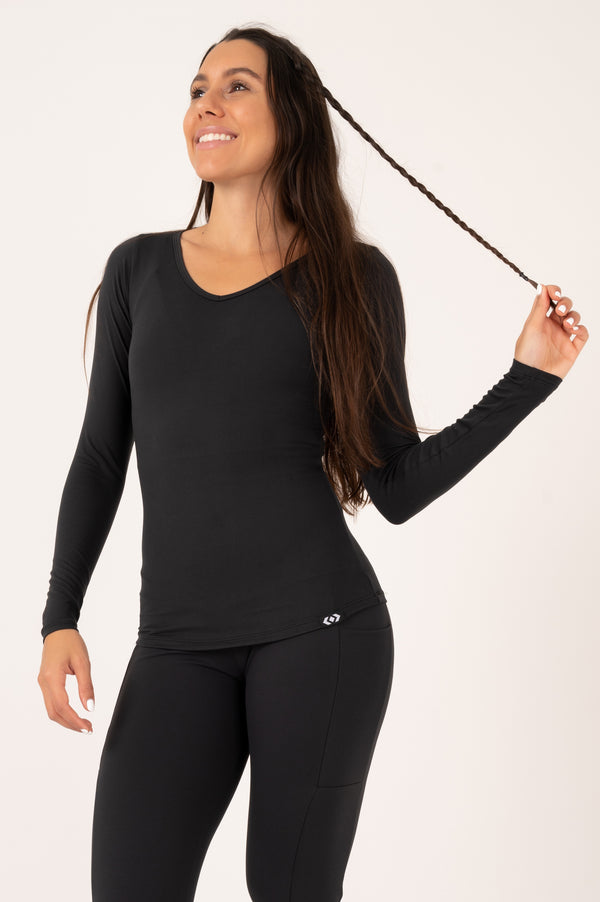 Black Soft To Touch - Fitted Long Sleeve V Neck Tee