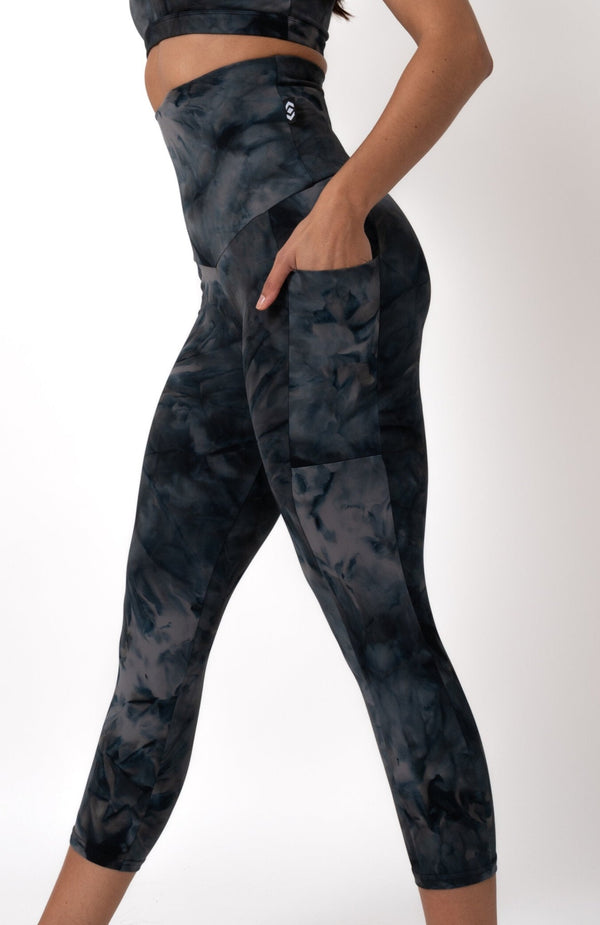 Dark and Moody Tie Dye Body Contouring - Panel Pocket Extra High Waisted Capri Leggings