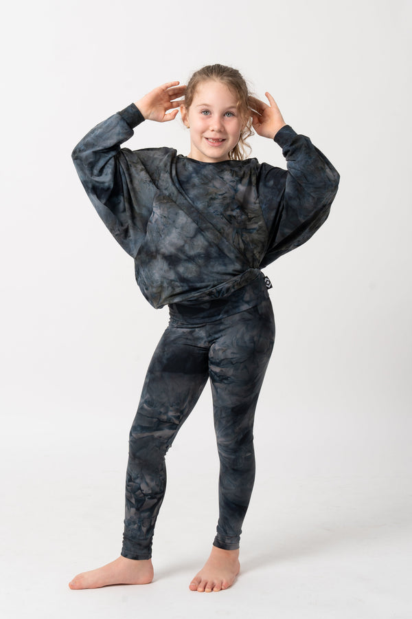 Dark and Moody Tie Dye Soft To Touch - Kids Batwing Cinched Sleeve Sweater
