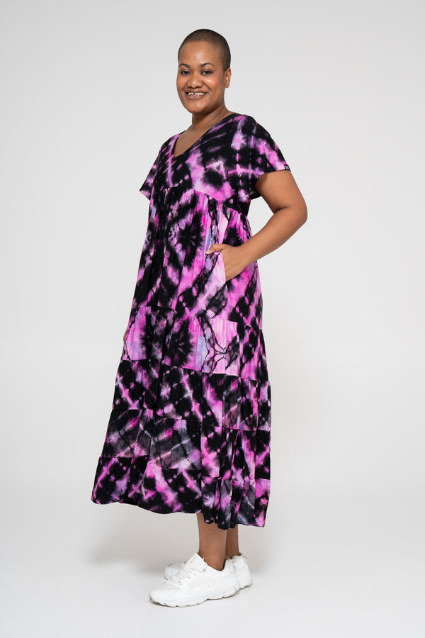 Diamond Pink Tie Dye Slinky To Touch - Baby Doll Tiered V Neck Maxi Dress