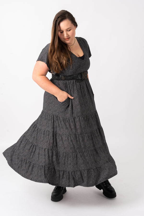 Dots Black Slinky To Touch - Baby Doll Tiered V Neck Maxi Dress
