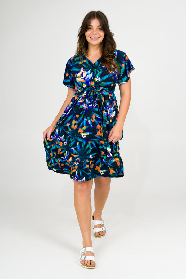 Down to Earth Slinky SIlky - Button Up Drawstring Midi Dress