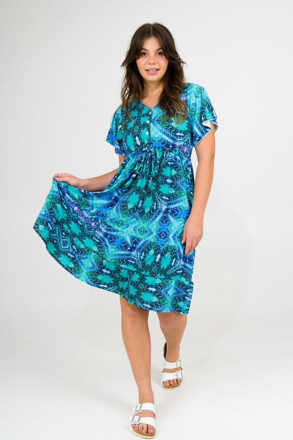 Enchantment Aqua Slinky Silky - Button Up Drawstring Midi Dress