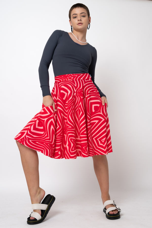 Lady Labyrinth Red Silky - Narrow Waisted Midi Skater Skirt W/ Pockets