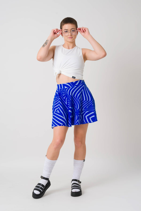 Lady Labyrinth Blue Silky - Narrow Waisted Mini Skater Skirt