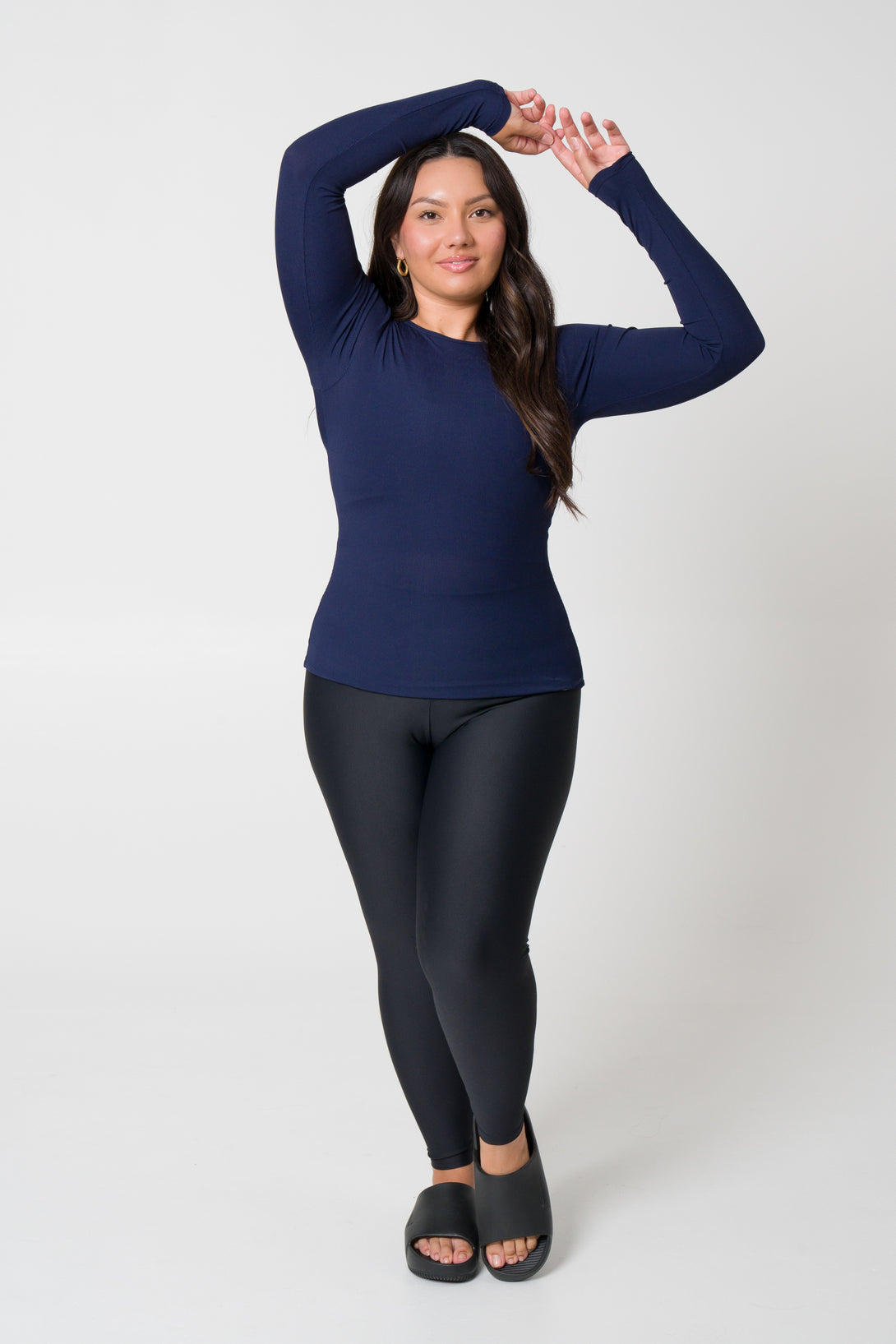 Navy Rib Knit - Fitted Long Sleeve Tee - Exoticathletica