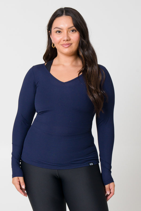 Navy Rib Knit - Fitted Long Sleeve V Neck Tee