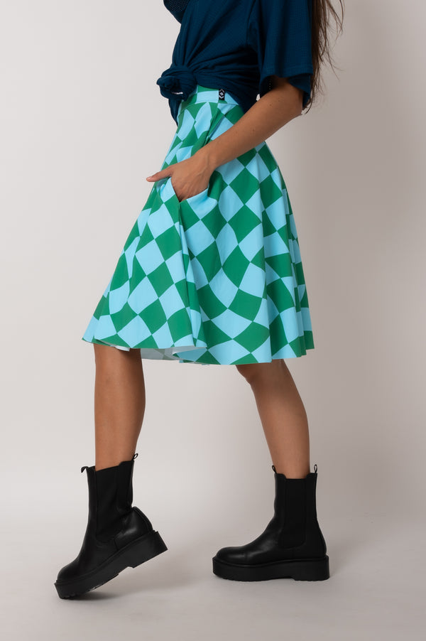 Off The Grid Green Silky - Narrow Waisted Midi Skater Skirt W/ Pockets