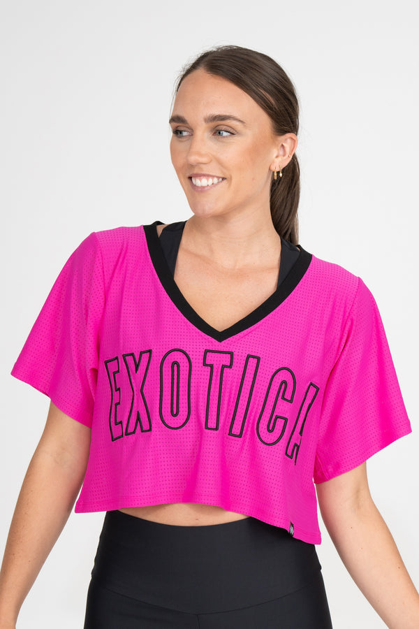 Pink Bball Mesh - V Neck Exotica Black Embroidered Cropped Boyfriend Tee