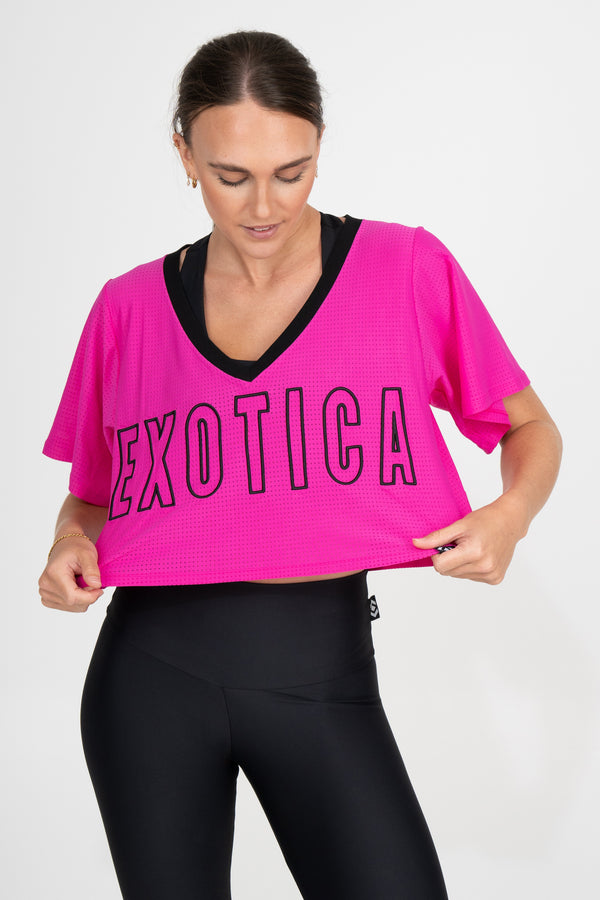 Pink Bball Mesh - V Neck Exotica Black Embroidered Cropped Boyfriend Tee