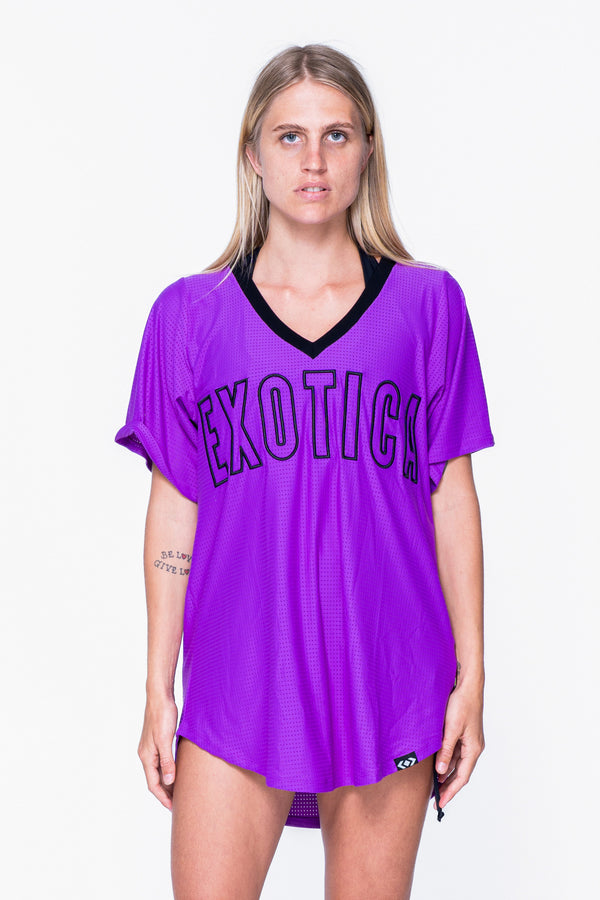Purple Bball Mesh - V Neck Exotica Black Embroidered Boyfriend Tee