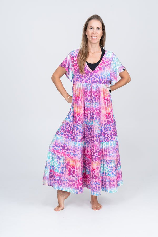 Rainbow Jag Slinky To Touch - Baby Doll Tiered V Neck Maxi Dress