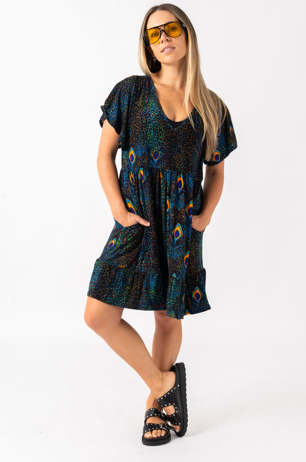 Rock Around The Peacock Slinky To Touch - Baby Doll V Neck Tiered Mini Dress