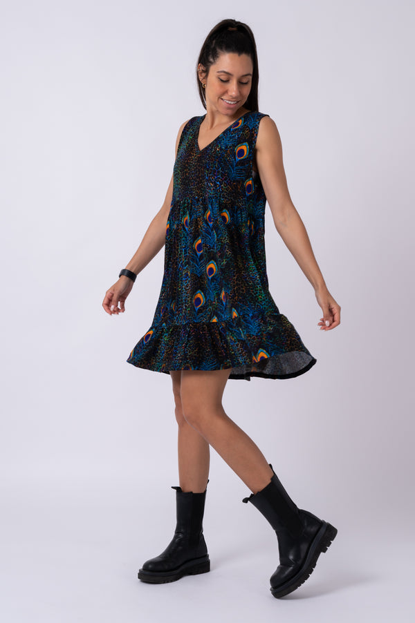 Rock Around The Peacock Slinky To Touch - Sleeveless Baby Doll Tiered V Neck Mini Dress