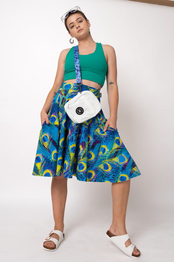 Show Off Blue Silky - Narrow Waisted Midi Skater Skirt W/ Pockets