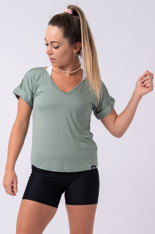 Sage Slinky To Touch - V Neck Cuffed Sleeve Tee