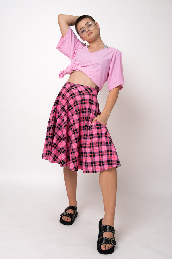 Way Plaidder Pink Silky - Narrow Waisted Midi Skater Skirt W/ Pockets