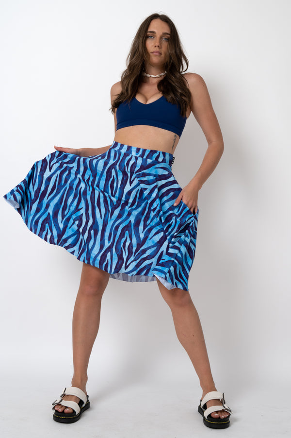 Wild Zebra Blue Silky - Narrow Waisted Midi Skater Skirt W/ Pockets