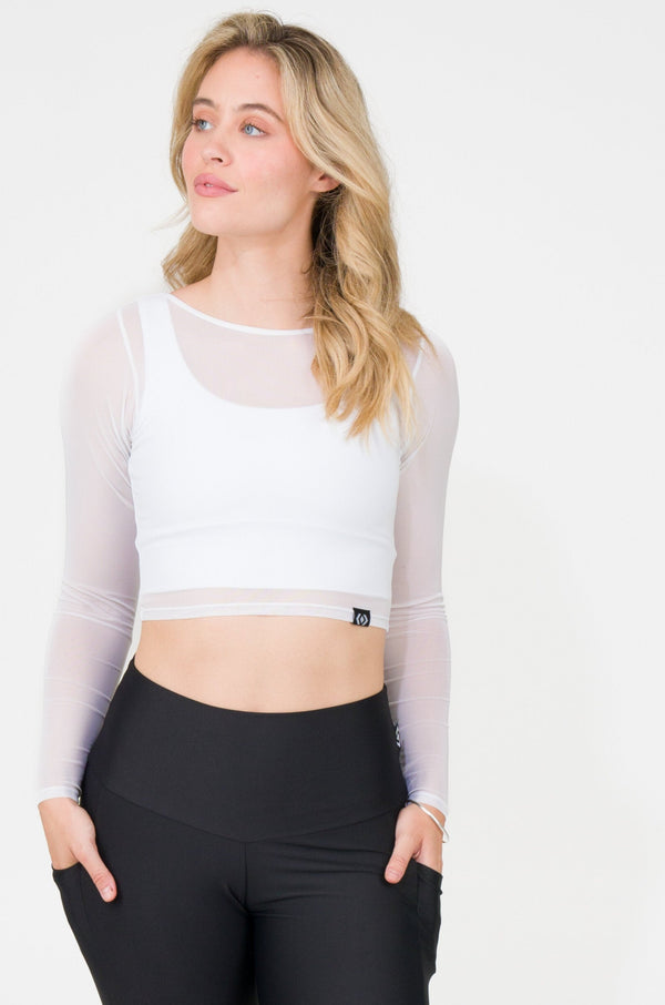White Net - Fitted Cropped Long Sleeve Tee