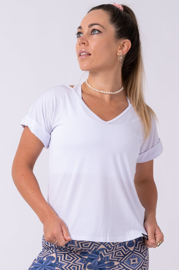White Slinky To Touch - V Neck Cuffed Sleeve Tee