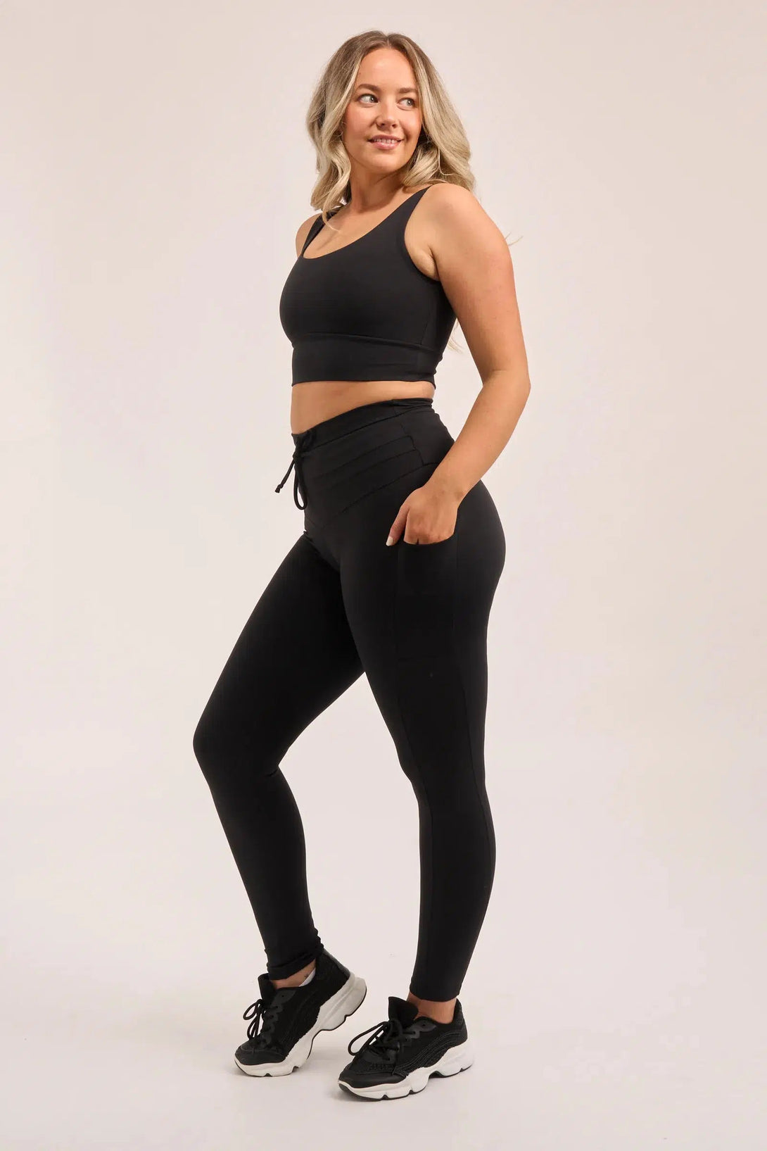 Body Contouring Panel Pocket Drawstring High Waisted Leggings - Black-Activewear-Exoticathletica