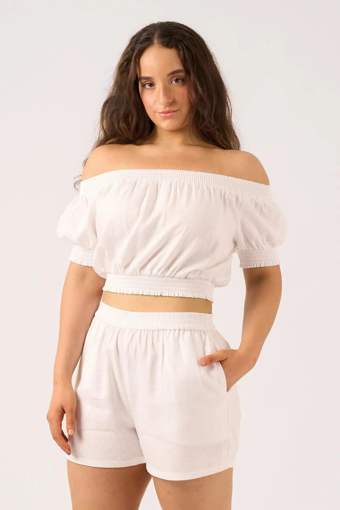 Linen Blend Shirred Bardot Crop Top White