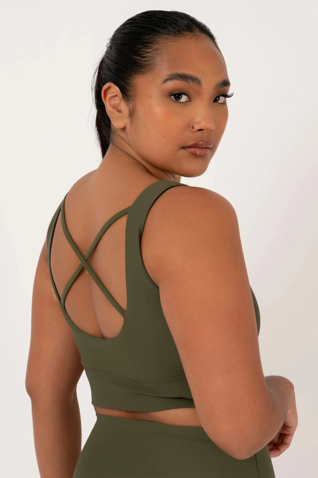 Performance Scoop Neck Comfort Crop Top - Dark Khaki-Activewear-Exoticathletica