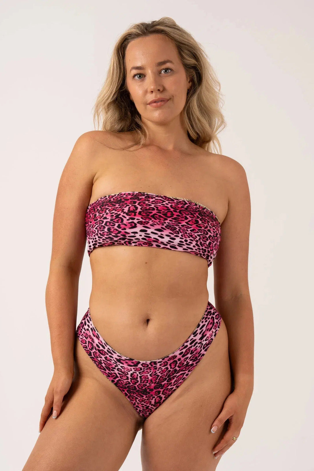 Silky Reversible Brazillian Cheeky Cut Bikini Bottom - Pink Tropical Leopard-Activewear-Exoticathletica