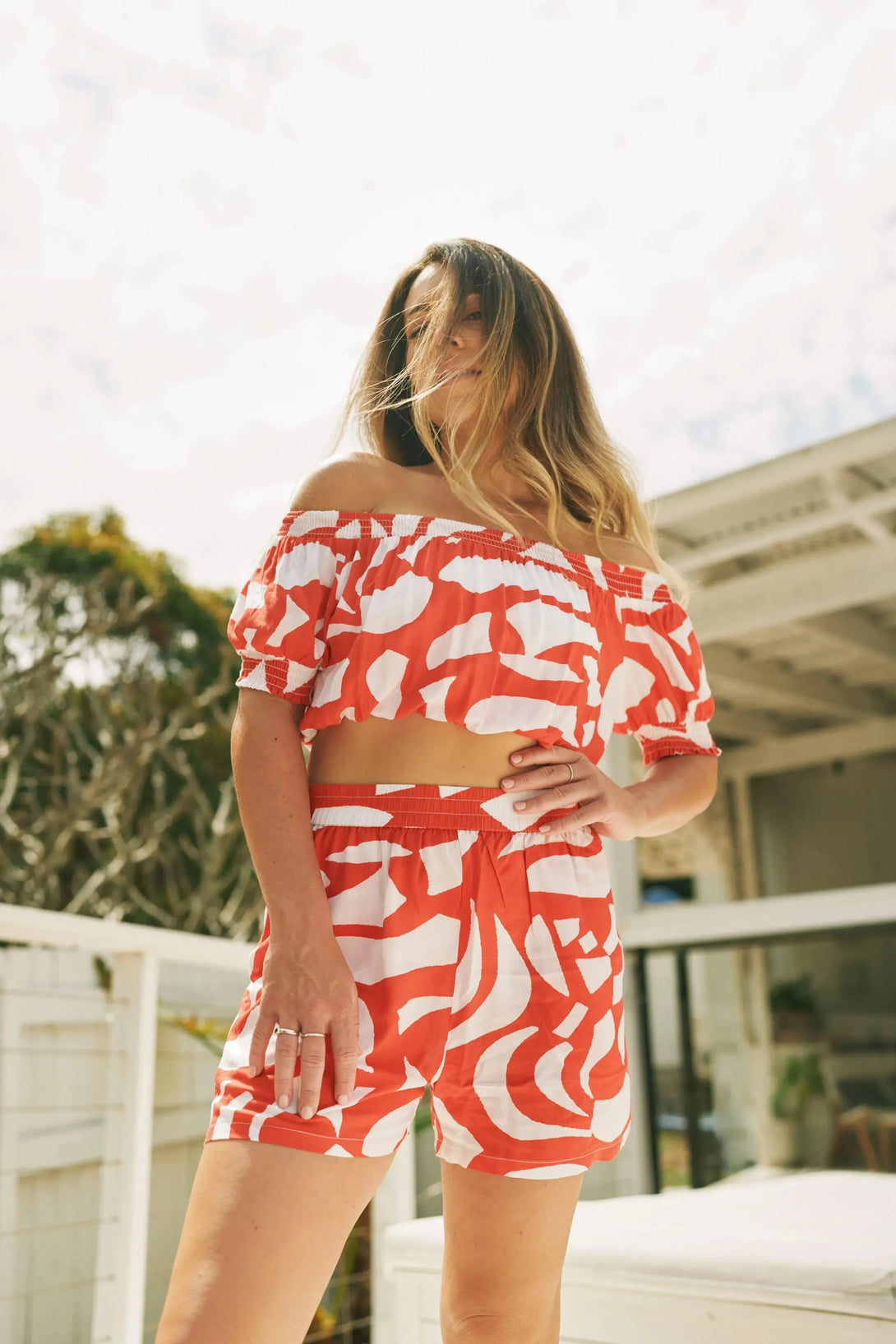 Sustainable Viscose Shirred Bardot Crop Top - Red Geo Waves-Activewear-Exoticathletica