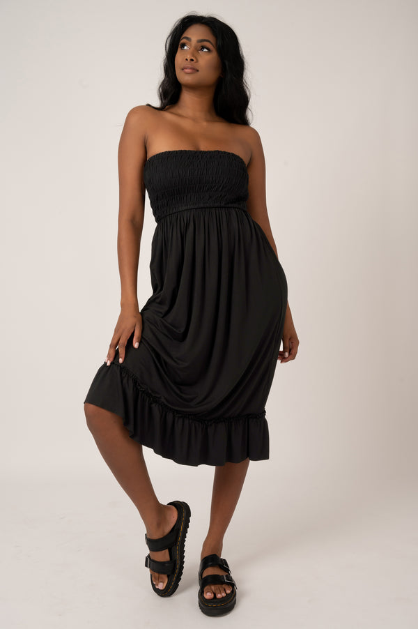 Black Slinky To Touch - Shirred Bandeau Midi Dress