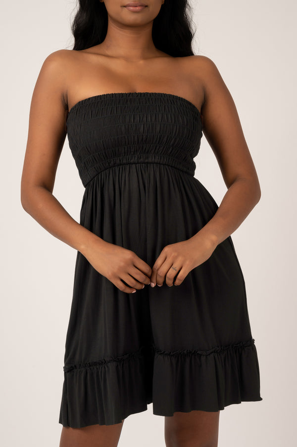 Black Slinky To Touch - Shirred Bandeau Mini Dress