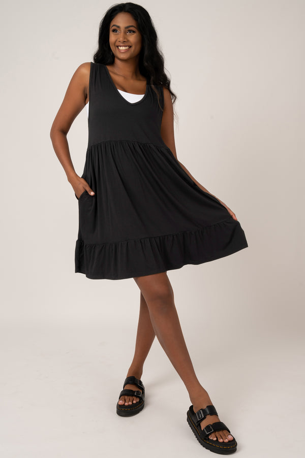 Black Slinky To Touch - Sleeveless Baby Doll Tiered V Neck Mini Dress